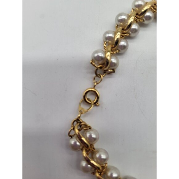 VTG faux pearl double row necklace gold tone weaved link statement glam long - Picture 5 of 6